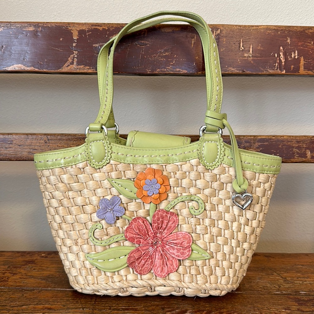 Brighton Straw Tote with Green Trim and Floral Applique